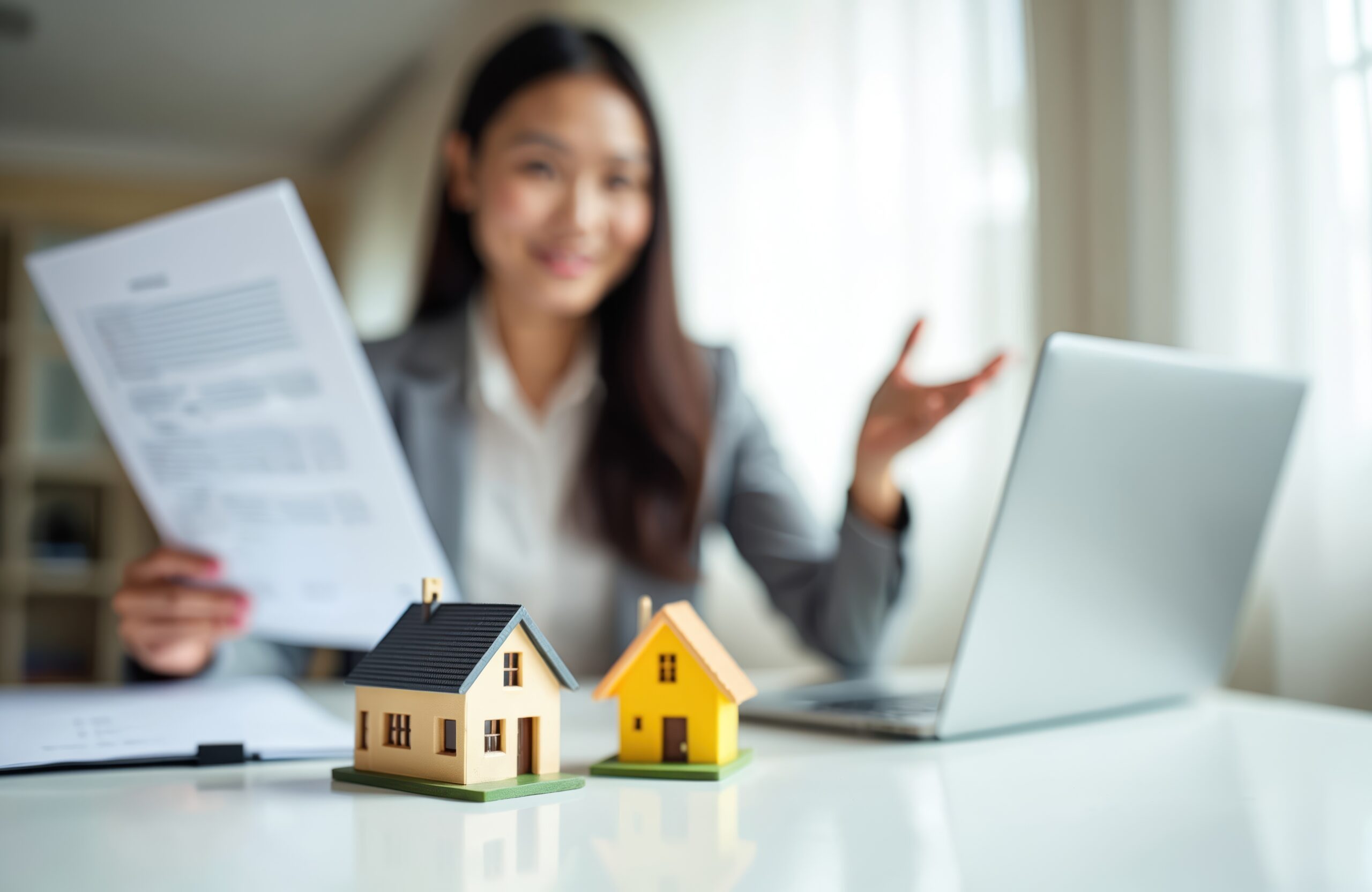 Asian businesswoman reviews property contracts and explains home buying process using laptop. Miniature house models on desk show real estate sale concept.